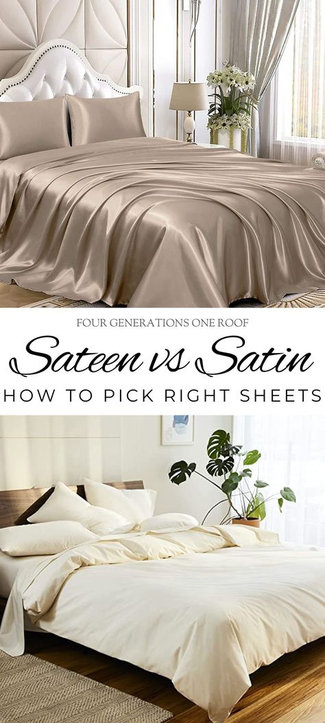 Taupe and white sateen sheets on a bed Silk Vs Satin, Ivory Bedroom, Silk Bed Sheets, Silk Sheets, Satin Bedding, Satin Sheets, Luxury Sheets, Silk Bedding, Percale Sheets