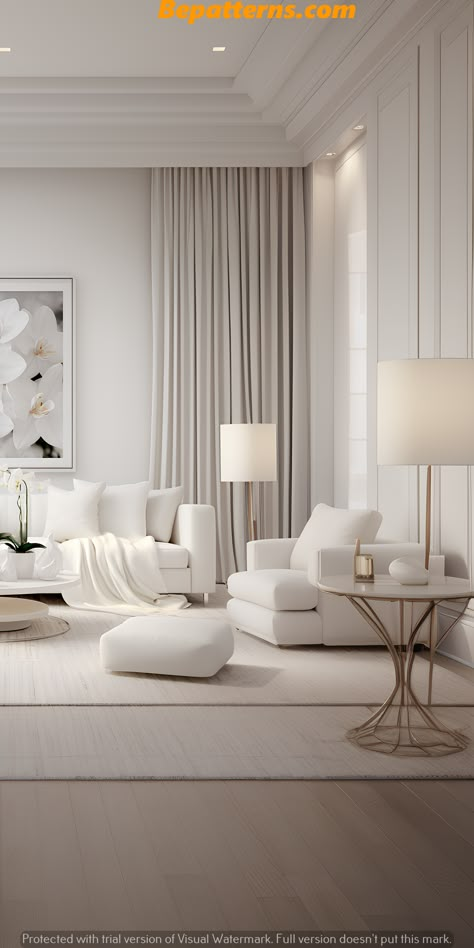 Shades Of White Living Room, White Organic Living Room, Elegant Transitional Bedroom, Formal Modern Living Room, Curtain Ideas For Living Room Elegant, Off White Curtains Living Room, Modern Classy Living Room, Classy Living Room Ideas, White Living Room Curtains