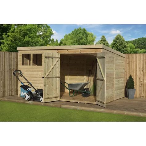 Sol 72 Outdoor Kaukauna 12 Ft. W x 8 Ft. D Shiplap Pent Wooden Shed & Reviews | Wayfair.co.uk Log Stores, Shed Shelving, Shed Tiny Home, Wooden Shed, Outdoor Storage Solutions, Shiplap Cladding, Shed Sizes, Wooden Bike, Roofing Felt