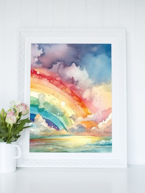 "Introducing our beautiful watercolor rainbow field illustration perfect for adding a touch of relaxing nature to your home. This stunning watercolor illustration of a Rainbow next to fluffy clouds, creates a soft, dreamy feel that will transport you to a peaceful state of mind. A perfect gift for nature lovers, cloud watchers, kids, explorers, hikers and those who love nature inspired art. Our digital download is available in multiple sizes, making it perfect for a variety of spaces. You can print it at home on high-quality paper or take it to a local print shop for the perfect finish.  Each download includes at least 6 high-quality files that can be printed in the following sizes: ⦁ A 2:3 aspect ratio file to print sizes: 4x6\", 6x9\", 8x12\", 10x15\", 12x18\", 16x24\", 20x30\", 24x36\" Watercolor Paintings Rainbow, Rainbow Drawing Ideas Beautiful, Rainbow Oil Painting, Soft Pastel Abstract Art, Watercolor Feelings, Kids Watercolor Painting Ideas, Modern Watercolor Art Inspiration, Rainbow Art For Kids, Watercolor Art For Kids