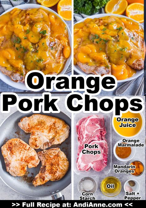 These orange pork chops are cooked in a frying pan and topped with a delicious orange sauce made from orange juice, orange marmalade and canned mandarin orange slices. Together they create a deliciously sweet and tangy dinner recipe for any day of the week. Orange Marmalade Pork Chops, Orange Pork Chops, Easy Pork Chop Marinade, Orange Pork, Orange Ginger Chicken, Leftover Pork Chops, Mustard Pork Chops, Pork Chop Recipes Crockpot, Easy Pork Chops