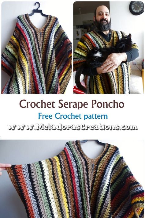 Crochet Serape Poncho – Free Crochet Pattern Crochet Serape, Mens Poncho, Crochet Men, Baby Cardigan Pattern, Crochet Cape, Crochet Poncho Free Pattern, Poncho Crochet, Crochet Baby Cardigan, Crochet Poncho Patterns