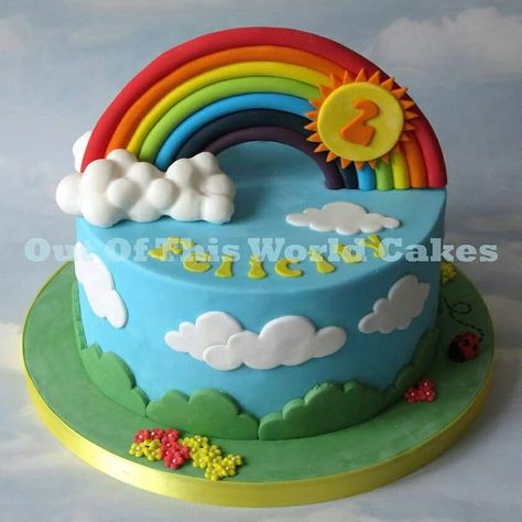 Rainbow cake for a 2nd birthday. Just makes me smike Rainbow Cake Designs Birthday, Rainbow Theme Birthday Cake, Rainbow Cake For Boys, Rainbow Cake Designs, Fondant Cakes Kids, Toddler Birthday Cakes, Peppa Pig Birthday Cake, Twin Birthday Cakes, Bug Cake