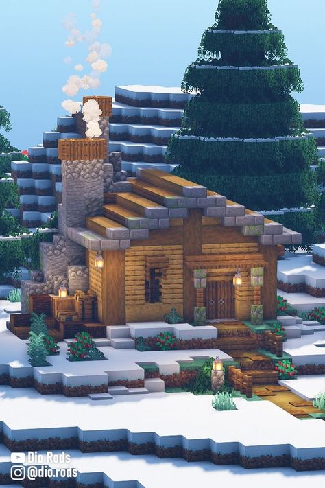 Minecraft Starter House in the Snowy Biome! This Snow Cabin can the the perfect addition to any minecraft world. Chalet Minecraft, Minecraft Cabin, Minecraft Fountain, Build A Cabin, Minecraft Small House, Minecraft Starter House, Case Minecraft, Minecraft Decoration, Minecraft Houses Survival