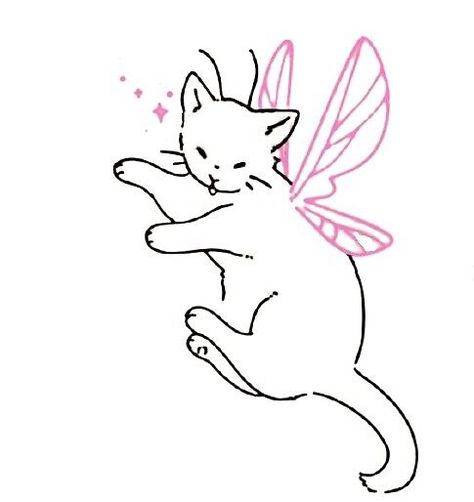 Fairy Cat Sketch, Kitty Fairy Tattoo, Cow With Fairy Wings Tattoo, Animal Fairy Tattoo, Fairy Animals Drawing, Tiny Fairy Drawing, Fairy Animal Tattoo, Fairy Animals Aesthetic, Fairy Drawings Aesthetic