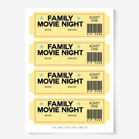 Printable movie tickets to add some extra fun on family movie nights! Create some fun and excitement by planning a family movie night. Use these tickets to let your family know what you have planned. They come blank so you can add in what movie you'll be watching and snacks you have planned. This is a digital product = Purchase + Download + Print instantly. Movie Printables, Family Movie Night Tickets Free Printable, Family Movie Night Tickets, Printable Movie Tickets Templates Free, Movie Tickets Printable, Movies For Family Movie Night, Family Movie Night Ideas At Home, Family Movie Night Printables, Movie Ticket