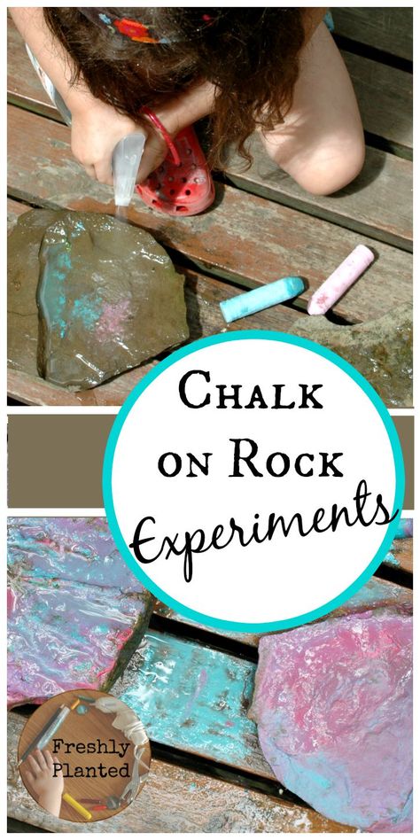 Chalk on Rock Experiments: A fun way to explore art & science together! Rock Exploration Preschool, Challenges For Preschoolers, Geology Preschool Activities, Geology For Preschoolers, Rock Preschool Activities, Rocks Dirt And Mud Preschool, Rock Science Experiments For Kids, Nature Science Activities For Kids, Rock Activities For Toddlers