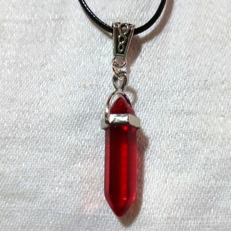 This Is A Beautiful Red Titanium Crystal Pendant Necklace. It Comes With A Pretty Black Corded Necklace That Has An Extension. I Love How Bright The Red Is On This Handmade Item. It Is So Pretty. I Hope You Like It Too. The Pendant Measures Approximately 2"X 3/8". Thanks For Stopping By And Feel Free To Leave Me A Fair Offer. :) Fire Crystal Necklace, Red Crystal Necklace Aesthetic, Red Gothic Necklace, Red Necklace Aesthetic, Black And Red Jewelry, Red Gem Necklace, Black And Red Necklace, Outfit Core, Fairy School