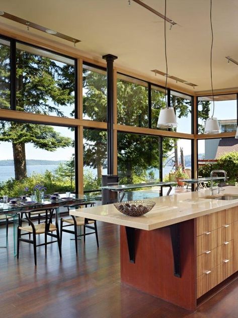 Modern Port Ludlow Residence on Puget Sound Waterfront Homes, Kitchen Decoration, Open Plan Kitchen, Custom Kitchen, Glass Doors, Contemporary Kitchen, Large Windows, A Kitchen, My Dream Home