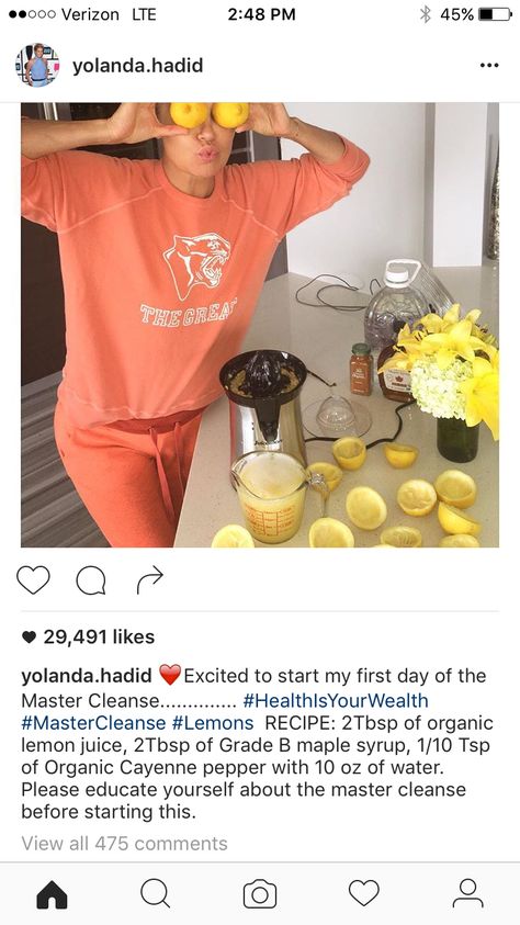 Master cleanse - Yolanda hadid Master Cleanse Recipe, Lemon Cleanse, Health Food Ideas, Lemonade Diet, Yolanda Foster, Master Cleanse, Pink Ginger, Yolanda Hadid, Drinks At Home