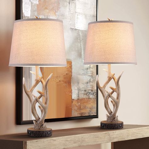 Deer Mount Living Room Decor, Deer Home Decor Ideas, Modern Western Home Decor Living Rooms, Horn Decor, Rustic Woodland Nursery, Antler Lamp, Taxidermy Decor, Cabin Designs, Farmhouse Table Lamps