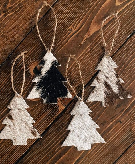 Choose your hide! each hide is unique so you will not receive same prints as shown Deer Antler Christmas Tree Ornaments, Farmhouse Rustic Christmas Decor, Christmas Things To Make And Sell, Cow Hide Furniture, Cowhide Ornaments, Cow Print Christmas Ornaments, Diy Western Ornaments Ideas, Christmas Decor Made From Wood, Western Christmas Room Decor