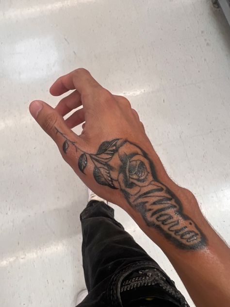 men tattoo Tattoo Ideas For Men Daughter, Rip Hand Tattoos For Guys, Name On Hand Tattoo Men, Tattoo Designs Men Hand Simple, Hand Name Tattoos For Guys, Now Time Tattoo, Family Hand Tattoos For Men, Edgar With Tattoos, Next Tattoo Men