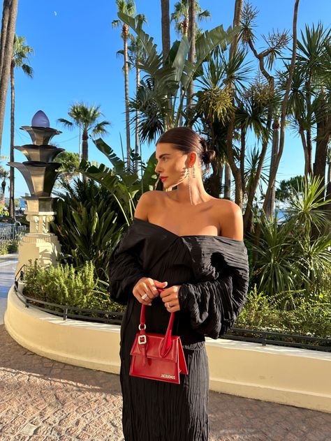 Jacquemus Outfit Aesthetic, Jacquemus Le Ciuciu Outfit, Black Jacquemus Bag Outfit, Jacquemus Red Bag, Black Dress Red Lipstick Outfits, Cherry Red Bag Outfit, Red Bag Outfit Aesthetic, Black Dress Red Lipstick, Red Handbag Outfit