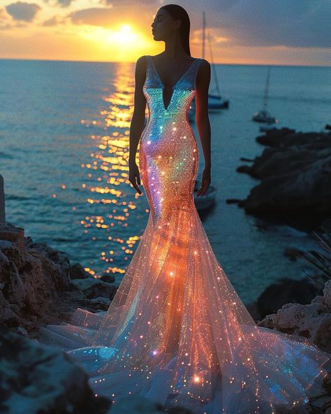 ✨Holographic dresses that glow in the dark for mermaid-inspired brides would add a captivating and ethereal touch to wedding aesthetics.… | Instagram Mermaid Ethereal, Light Up Dress, Mystical Outfits, Ethereal Mermaid, Creative Costuming Designs, Holographic Dress, Different Galaxies, Crystal Mermaid, Aesthetics Instagram