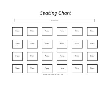 Up to 24 student names can be written into this free, printable seating chart. Squares represent the desks and they all face the blackboard in four rows of six. It is a great guideline for visiting substitute teachers. Free to download and print Classroom Seating Plan, Classroom Seating Chart Template, Seating Chart Classroom, Seating Plan Template, Table Seating Chart, Classroom Seating, Teacher Templates, Circle Template, Seating Chart Template