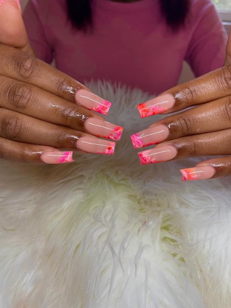 pink nails, orange nails, peach nails, marble nails, watercolor nails, ombre nails, gradient nails, trendy nails, neon nails, summer nails, nail inspo, spring nails, summer vibe nails, nail inspo 2023, square nails, long nails, gelx nails, fun nails, color pop nails, orange marble nails, pink marble nails, sunset nails, kylie jenner nails Neon Marble Nails Acrylic, Pink And Yellow Marble Nails, Pink And Orange Ombre Nails Art Designs, Neon Pink Marble Nails, Sunset Marble Nails, Nail Inspo 2023 Square, Trendy Nails Neon, Pink And Peach Nails, Orange Square Nails