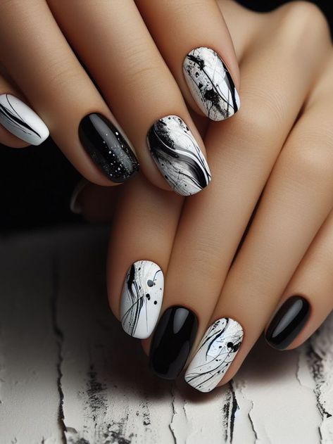 A minimalist black and white nail design with abstract brush strokes and splatters, creating a dynamic and artistic effect Black White And Grey Nails, Nails Black Design, Black And White Nails Ideas, Black And White Nail Design, Nail Art Abstract, White Nail Design, Water Nail Art, Black And White Nail, Black And White Nail Designs