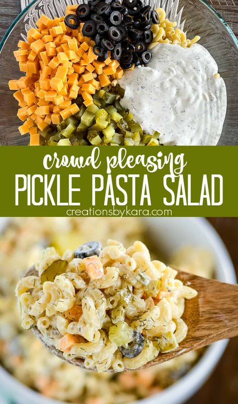 Craving a tangy and refreshing pasta salad? Look no further than this dill pickle pasta salad recipe. It's quick, easy, and full of flavor! #dillpicklepastasalad #dillpicklesalad @Creations by Kara Sweet Pickle Pasta Salad, Poolside Pasta Salad, Pickel Pasta Salad, Easy Meal Prep Lunches Cold, Easy Dill Pickle Pasta Salad, Dill Pickle Ranch Pasta Salad, Game Day Pasta Salad, Deli Side Dishes, Pasta Salad With Pickles