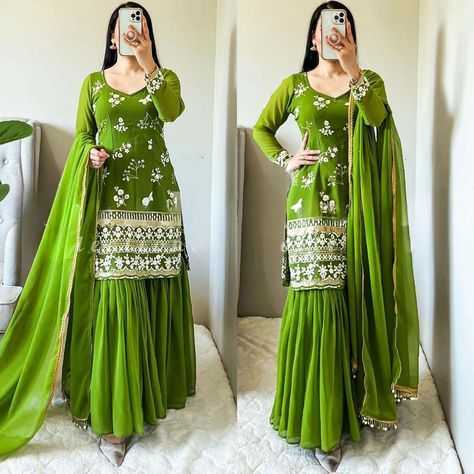 ⚜️ Green colourDesigner embroidery work top plazo with dupatta three piece set for function ware 🔸Fabric Detail 🔹Top Fabric : Georgette  🔸Work : Embroidery Sequence Work  🔸Top Length  : Up to 33" Inch 🔹Top Size.      : Up to XL(42)  🔹Sarara Plazo  🔸Plazzo Fabrics: Georgette  🔹work : No  Plazzo Length:Up to 40" inches  (fully stitched) 🔹Dupatta Fabric : Georgette  🔸Work :  Fancy Lace Borders  🔹Set Contains: Top, plazo,dupatta  🔸Legal Disclaimer: 🔹Product Care Instructions: Dry Clean Green Sharara Suit, Green Sharara, Mehndi Outfit, Salwar Kamiz, Sharara Suit, Sequence Work, Sharara Set, Indian Design, Kurti Designs