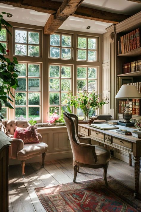 Cozy Country Cottage Study with Vintage Desk and Floral Arrangement Cottage Study, English Countryside Home, English Cottage Interiors, Countryside Home, Cottage Modern, Comfy Armchair, Cozy Home Office, British Home, Cottage Interior