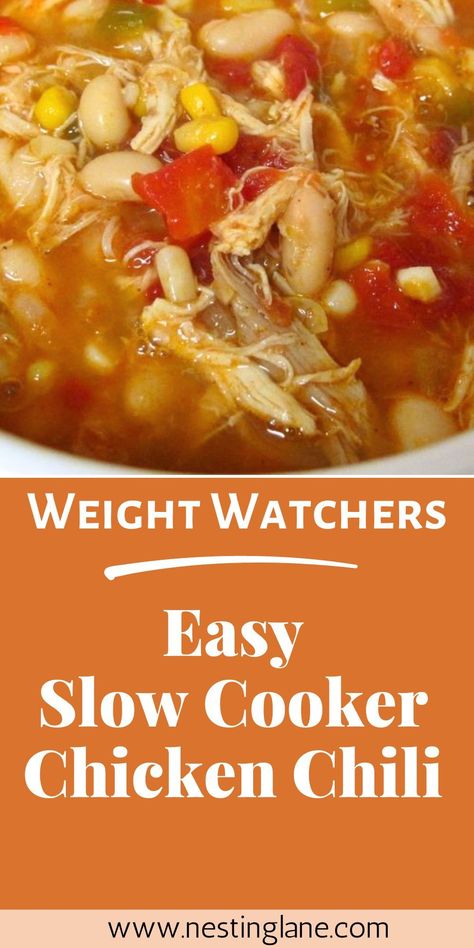 Slow Cooker Chicken Chili graphic. Weight Watchers Chicken Chili, Chili Recipe Slow Cooker, Slow Cooker Chicken Chili Recipe, Weight Watchers Slow Cooker, Weight Watchers Chili, Boneless Skinless Chicken Breast Recipes, Chicken Chili Crockpot, Ww Food, Recipe Slow Cooker