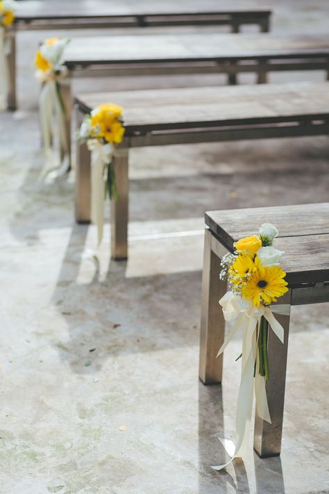 Bench Flowers Wedding, Bench Seat Wedding Ceremony, Wedding Aisle With Benches, Bench Decorations Wedding, Bench Isle Decorations Wedding, Wood Bench Wedding, Wedding Aisle Flowers Benches, End Of Bench Decor Wedding, Bench Aisle Decorations Wedding