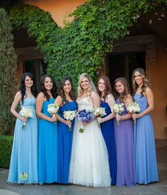 bridesmaids in different shades of blue - Google Search Flower Balls Hanging, Country Bridesmaid, Wedding November, Royal Blue Bridesmaids, Liberty Scarf, Teal Wedding Colors, Villa Siena, Winter Bridesmaids, Royal Blue Bridesmaid Dresses