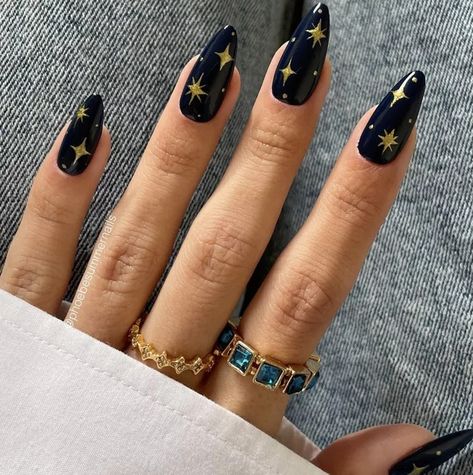 The 20 Best Galaxy Nails Ideas of 2024 Galaxy Nails, Highlight Products, Blue Gold Nails, Nail Art Bleu, Harry Potter Nails, Star Nail Designs, Dark Blue Nails, Gold Nail Art, Dark Nails