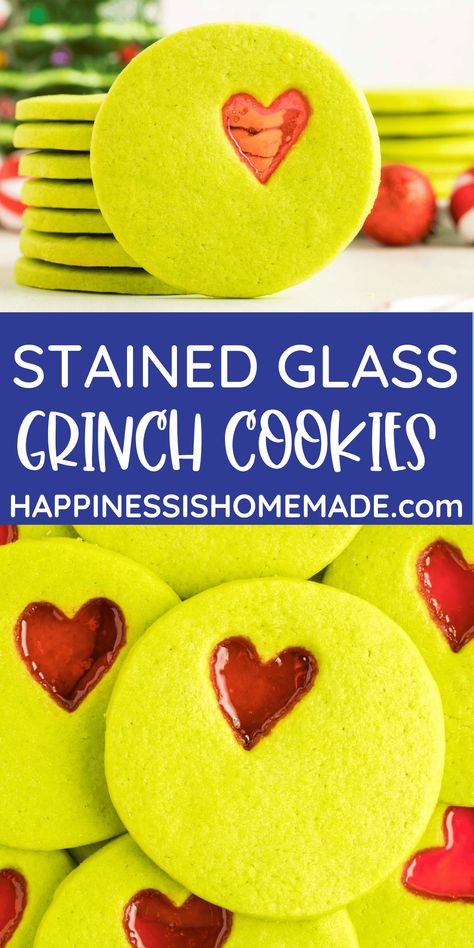 These easy-to-make Stained Glass Grinch Cookies are just SO cute! They make a great Christmas treat for family and friends! Stained Glass Grinch, Stained Glass Hearts, Glass Cookies, Grinch Cookies, Christmas Pastries, Stained Glass Cookies, Christmas Treats Boxes, Delicious Christmas Cookies, Happiness Is Homemade