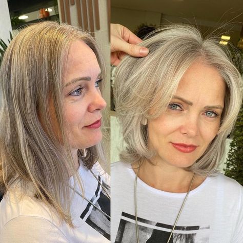 Over 40 Tousled Bob with Parted Bangs Wispy Bob, Corte Bob, Hair Bob, Haircut For Older Women, Long Hair With Bangs, Bob Haircuts, Haircuts With Bangs, Older Women Hairstyles, Gray Hair