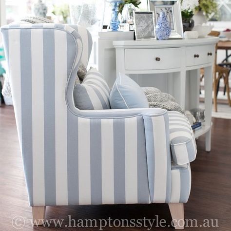 Our Azurest striped armchair brings the Hamptons to your home Shop ~ Sanctuary Cove & James Street Brisbane⠀ Bathroom Vanity Furniture, Beach Cottage Style Decor, Hamptons Style Living Room, Hampton Furniture, Furniture Bathroom Vanity, Vanity Furniture, Striped Armchair, Coastal Decorating Living Room, Beach House Living Room