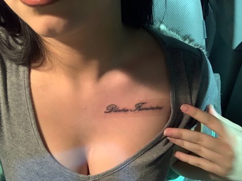 Chest Tattoo Female Words, Yours Truly Tattoo, Tattoos On Shoulder For Women, Small Chest Tattoos, Cursive Tattoos, Pretty Hand Tattoos, Petite Tattoos, Chest Tattoos For Women, Thigh Tattoos