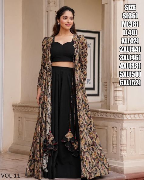 Introducing our breathtaking 3-piece Koti style Indo-western suit! This stunning collection features a printed crop top, elegant skirt or palazzo, and chic parallels, all beautifully complemented by a stylish printed shrug. Elevate your wardrobe with this must-have ensemble! #weareffortlessly #Indowestern #Fashion #Style #Trendy #Chic #OOTD #InstaFashion #Luxury . ▪️Fabric Detail Shrug Fabric: Pure Rayon Blouse/Skirt Fabric : Faux Georgette . Pattern: Digital Print . Top Length: - 14-15” Skir... Indo Western Outfits Casual, Black Indo Western Dress, One Piece Dress Western, Georgette Crop Top, Ethnic Crop Top, Long Shrug, Traditional Skirts, Haldi Outfits, Desi Dress