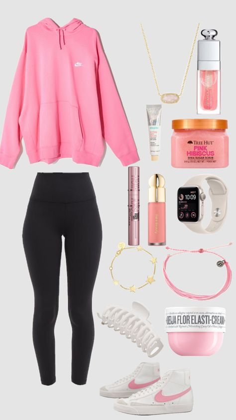 Nike Leggings Outfit, Pink Hoodie Outfit, Pink Leggings Outfit, Nike Hoodie Outfit, 6th Form Outfits, Preppy Hairstyles, Sweats Outfit, Cute Outfits With Leggings, Celebrity Casual Outfits