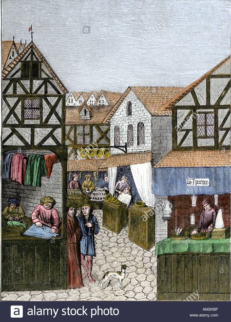 Download this stock image: Shops in a medieval apothecary street showing a barber furrier and tailor France 1400s - AM2KBF from Alamy's library of millions of high resolution stock photos, illustrations and vectors. Medieval Shop Interior, Midevil Market, Medieval Shop Concept Art, Medieval Warehouse, Medieval Apothecary, Apothecary Medieval, Wind Pictures, Medieval Illustration, Apothecary Shop