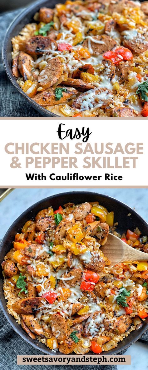 Chicken Sausage Recipes Healthy, Sausage Cauliflower, Cauliflower Rice Skillet, Healthy Sausage Recipes, Pepper Skillet, Chicken Sausage Recipes, Sausage Peppers And Onions, Sausage Rice, Most Popular Dinner Recipes