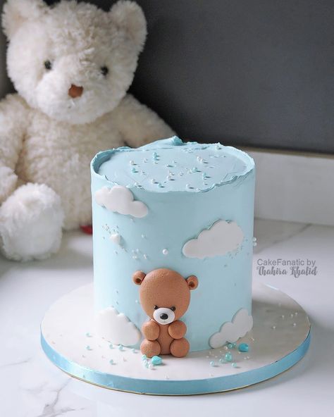 Cake With Clouds, Blue And White Cake, Teddy Bear Birthday Cake, Birthday Cake Kids Boys, Teddy Bear Sitting, Teddy Cakes, Cake Designs For Girl, Cake Boy, Bear Sitting