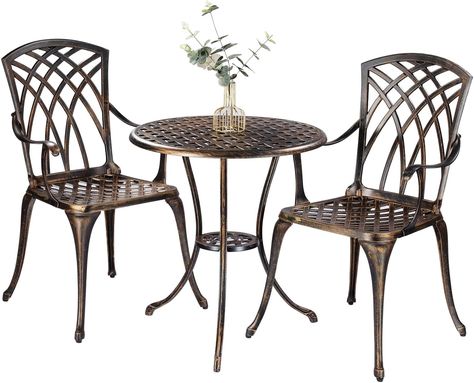 【Bistro Sets】 Includes 1 round table and 2 armchairs. Table size: 23.58 inches(Diameter) x 26.25 inches(H); Chair size: 15.98 inches(L) x 16.38 inches(W) x 34.25 inches(H); Chair weight capacity: 290 pounds; Table weight capacity: 190 pounds.
【Classical Design】 This bistro table sets with wide and thick panels on the seat and back make it comfortable and strong. Every leg of the armchairs is equipped with adjustable foot caps, that can regulate the balance and prevent scratching the floor. Cast Aluminum Patio Furniture, Bistro Table Set, Table With Umbrella, Aluminum Patio Furniture, Outdoor Bistro Set, Aluminum Furniture, Patio Balcony, Outdoor Living Patio, Aluminum Patio