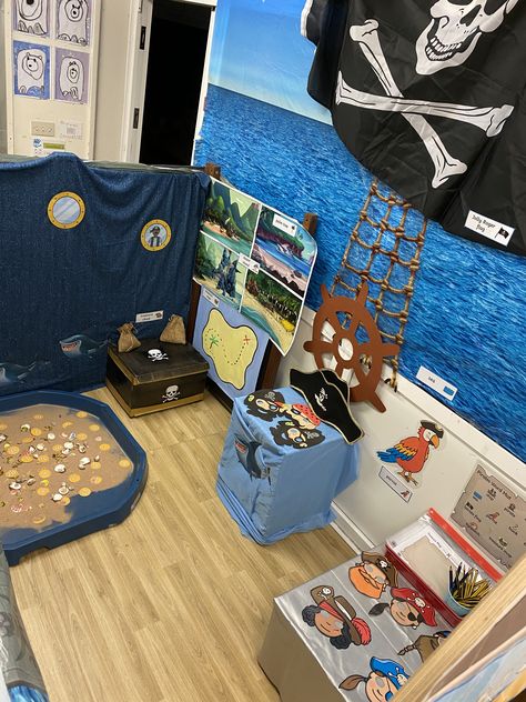 Role Play For Preschoolers, Pirate Ship Role Play Area, Pirate Role Play Eyfs, Pirate Role Play Area, Play Pirate Ship, Pirate Dramatic Play Preschool, Pirate Eyfs Activities, Eyfs Role Play Area, Pirate Dramatic Play