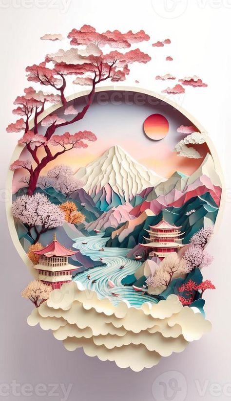 Generative AI illustration of Chinese nature and landscape on solid background, auspicious clouds, ravine stream, mountain range, many houses and ancient buildings, multi dimensional paper quilling Chinese Nature, 3d Geometric Shapes, Cut Paper Illustration, Chinese Background, Papercut Art, Chinese Illustration, Art Assignments, Japanese Poster Design, Paper Cutout Art