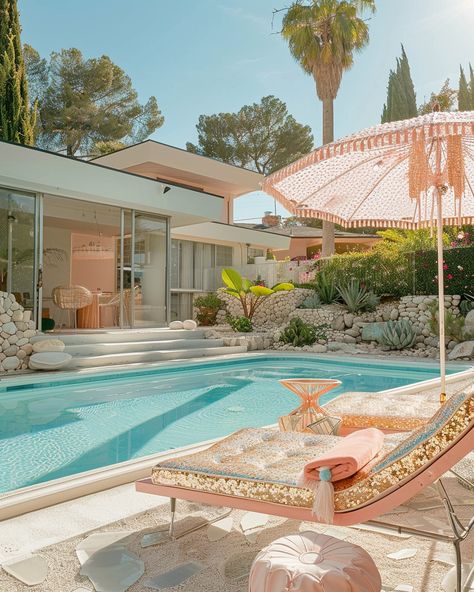 A touch of glamour to the Mid Century pool area 🏡 #mcm #architecture #midcenturymodern #midcenturyfurniture #glamour #glitterdecor #pooldesign #retroarchitecture #thisisnotreal #midjourney 60s Pool Aesthetic, 1950s Pool Party, Mid Century Pool Area, Mid Century Modern Pool Area, Retro Pool Aesthetic, 70s Beach House, Mid Century Modern Beach House, Mid Century Yard, Mid Century Modern Pool