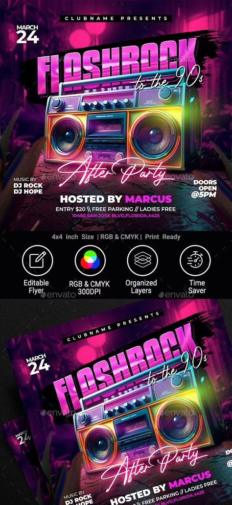 Retro 90s Party Flyer, Print Templates | GraphicRiver 90s Party Flyer, 90s Flyer, 90s Party, Club Flyers, Organizing Time, Retro Party, Cmyk Print, Club Parties, Disco Party