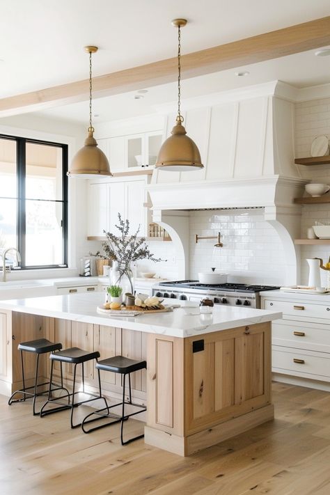 Wood Color Island In White Kitchen, Kitchen With Natural Wood, Kitchen Aestethic, White Kitchen With Color Island, Guest House Kitchen, Neutral Cozy Kitchen, Country Modern Kitchen Farmhouse Style, Kitchen Mixed Cabinets, Modern Boho Farmhouse Kitchen