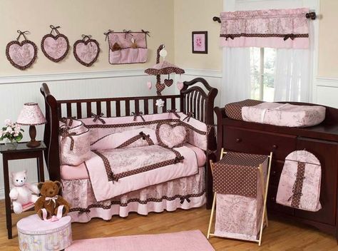 Pink and Brown Toile 9 Piece Crib Bedding Set Pink Brown Nursery, Brown Crib, Brown Nursery, Girl Nursery Bedding, Baby Crib Bedding Sets, French Toile, Baby Crib Bedding