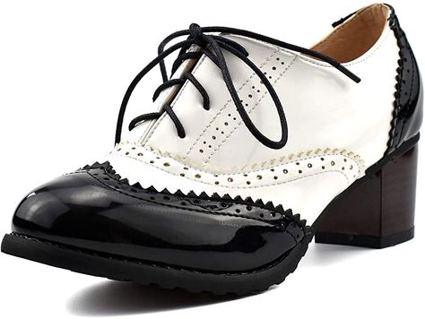 Amazon.com | 100FIXEO Women Block Heel Wingtip Oxford Shoes Vintage Chunky Heel Saddle Shoes | Oxfords Vintage Oxford Shoes, Brogues Style, Wingtip Oxford Shoes, Saddle Shoes, Designer High Heels, Shoes Vintage, Wingtip Oxford, Chunky High Heels, Block Heel Shoes