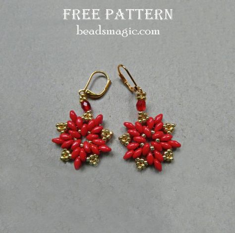 Free pattern for earrings Poinsettia - Christmas flower Diy Poinsettia, Poinsettia Earrings, Embroidered Christmas Ornaments, Christmas Beading, Free Beading Tutorials, Christmas Jewelry Diy, Beads Magic, Beaded Earrings Tutorials, Beading Patterns Free