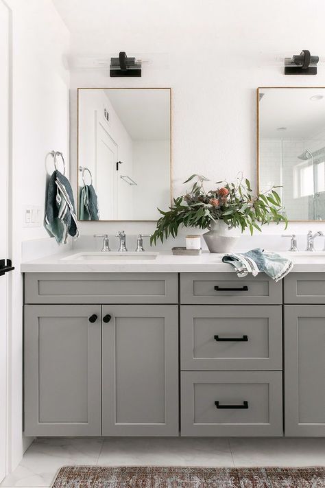 gray and white bathroom by Lindsey Brooke Design Navy Gray Bathroom, Dovetail Bathroom Cabinets, Casual Luxe Interiors, Modern Bathroom Vanity Colors, Granite Vanity Tops Bathroom, Transitional Bathroom Decor, Light Grey Bathrooms, Modern Provincial, Grey Bathroom Cabinets