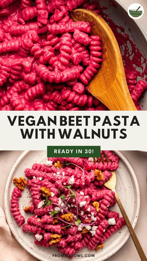 This Beet Pasta is made rich and vibrant with al dente pasta, toasted buttery walnuts, and a homemade beetroot pasta sauce that is as delicious as it is beautiful. Vegan, Gluten-Free option. Essen, Beet Pasta Sauce, Beet Pesto Pasta, Beetroot Pasta, Beet Pesto, Beet Pasta, Carrot Pasta, Pasta Toppings, Avocado Pesto Pasta