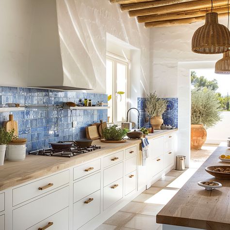 Kitchen Interior Mediterranean, Mediterranean Tiles Kitchen Backsplash, Kitchen Ideas Italian Style, Mediterranean Interior Design Apartment, Italy Kitchen Design, Amalfi Coast Kitchen, Blue Mediterranean Kitchen, Mediterranean Cottage Interior, Portuguese Kitchen Design